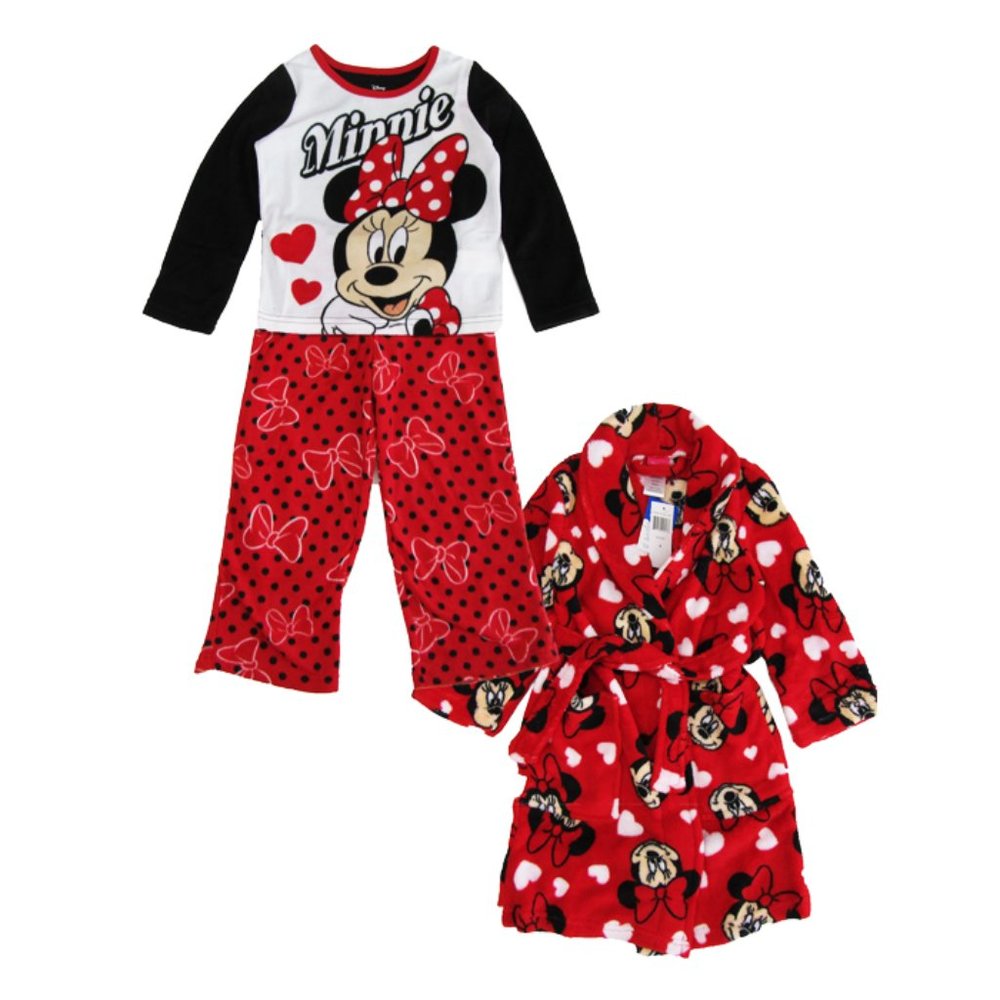NWT Disney Minnie Mouse Girls Pajama and Robe Set, 3 Piece, Sizes 8